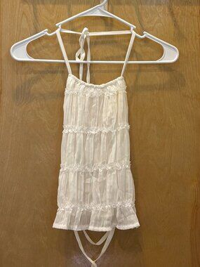 Cream Halter Top / Backless Tiered Ruched Mesh Chiffon & Lace Vacation Tie Tank